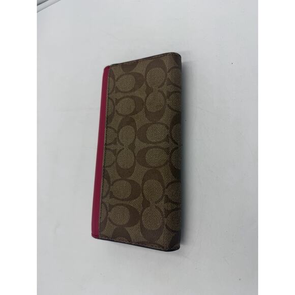 Coach Beige Red Leather Signature Tri-Fold Check-Book Buckle Wallet Used Once - Picture 2 of 5